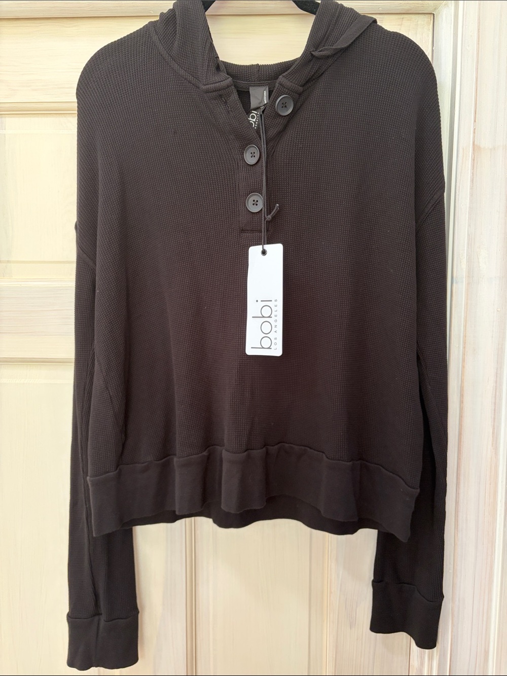 bobi Black Hooded Henley Waffle-Knit Pullover